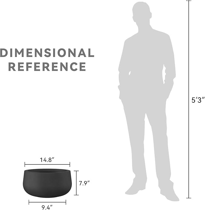 Kante 15.7" Dia Round Concrete Planter, Outdoor Indoor Garden Plant Pots with Drainage Hole and Rubber Plug, Modern Curvaceous Design, Black