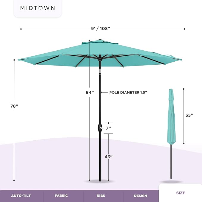 Midtown Umbrellas 10-Year-No-Fade - 9 Ft - UV Proof Tangerine Polyester Fabric - Umbrella Outdoor Patio, Auto-Tilt Aluminum Frame Patio Umbrella for Garden, Pool & Deck - Black Pole