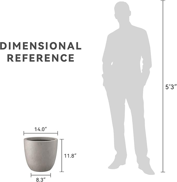 Kante 14 Inch Dia Round Concrete Planter, Indoor Outdoor Large Plant Pot with Drainage Hole and Rubber Plug for Home Patio Garden, Weathered Concrete