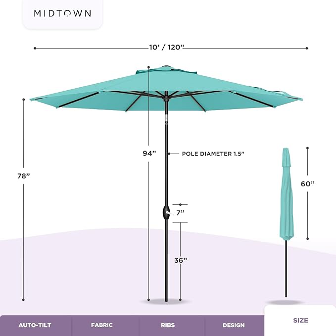 Midtown Umbrellas 10-Year-No-Fade - 10 Ft - UV Proof Forest Green Polyester Fabric - Umbrella Outdoor Patio, Aluminum Frame Large Patio Umbrella for Garden, Pool & Deck - Black Pole