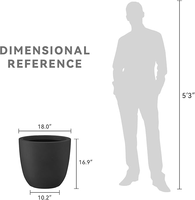 Kante 18 Inch Dia Round Concrete Planter, Indoor Outdoor Large Plant Pot with Drainage Hole and Rubber Plug for Home Patio Garden, Black