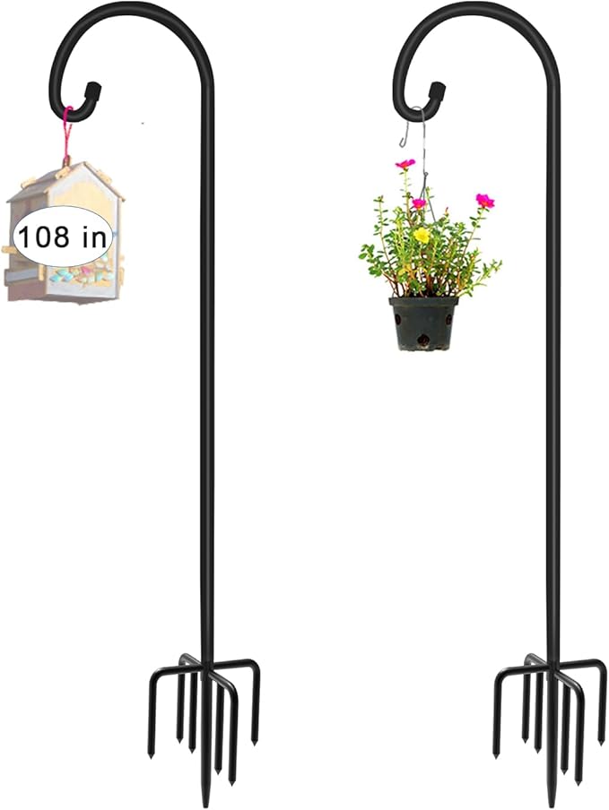 108 inch Outdoor Shepherd Hook with 5 Prong Base (2 Packs), Adjustable Heavy Duty Garden Hanging Stake for Bird Feeder Solar Light Plant Hanger Wedding Decor, Matte Black