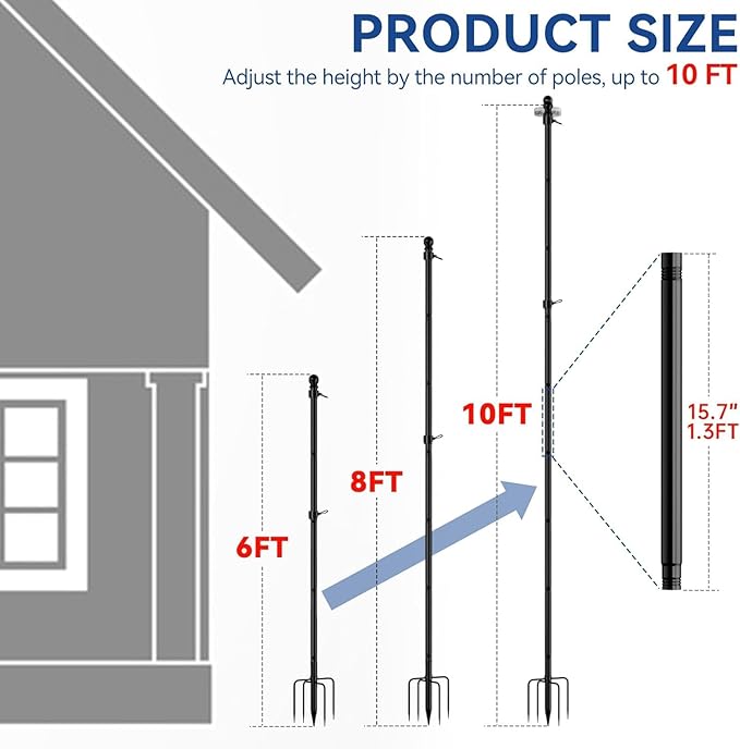 ZMTECH 10 FT Flag Pole in Ground, Heavy Duty Flag Pole Holder for Outside House with 5 Pronges Base, Extra Thick Flag Pole Kit for Yard Outdoor Garden Decor Residential Commerical(1 Pack,without Flag)