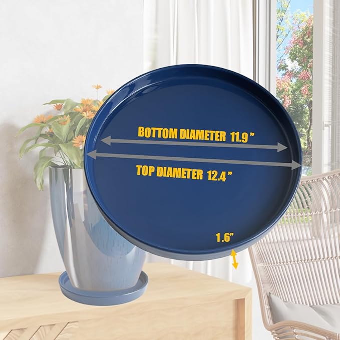 Ceramic Plant Saucer Pot Tray 12 Inch, Planter Saucers 4 5 6 7 8 9 10 11 12 Inch for Indoors Outdoor, Durable Sturdy Flower Drainage Tray for Glazed Pots Base (12.5 Inch-Blue)