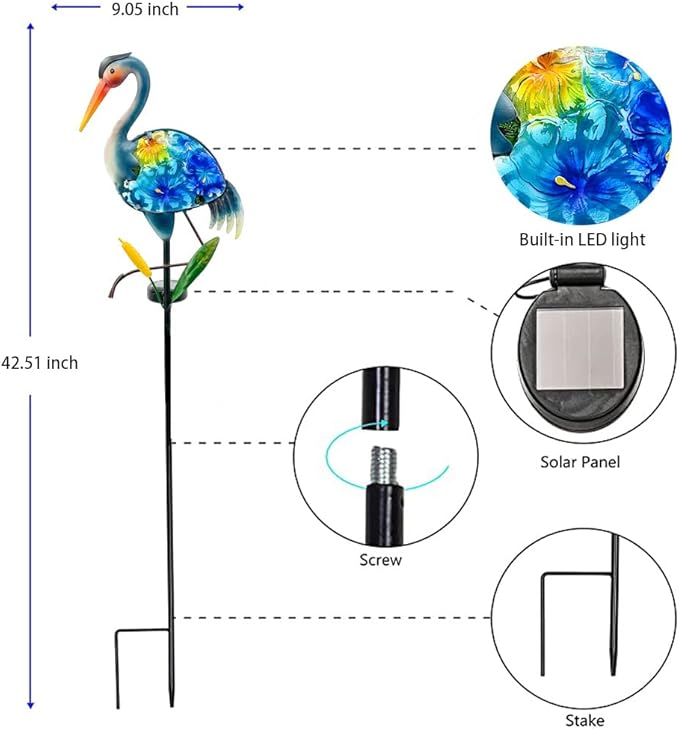 Heron Solar Garden Lights, Hand-Painted Glass Solar Garden Decor, Lawn Ornaments Solar Stake Lights Yard Art Solar Landscape Lights for Patio Lawn Yard Porch Decor