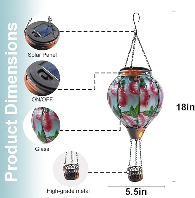 Hot Air Balloon Solar Lantern with Flickering Flame Hanging Solar Lanterns Outdoor Lights Waterproof Lanterns Decorative Garden Patio Yard Party Decor Hummingbirds&Red Flowers