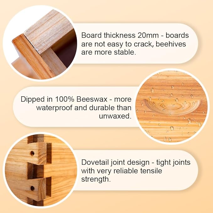 10 Frame Bee Hive Box, Langstroth Medium Super Bee Box Dipped in 100% Beeswax Include Beehive Frames and Waxed Foundation Sheets (Unassembled)