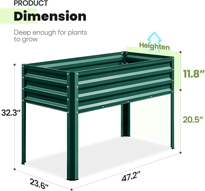 KING BIRD Large Raised Garden Bed with Legs Galvanized Elevated Planter Box 48×24×30 in for Backyard, Patio, Balcony, 400lb Capacity, Green