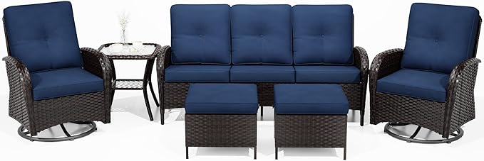 Joyside 6 Piece Patio Furniture Set, Outdoor Wicker Conversation Sets with Swivel Rocker Chairs and Sofa, Thick Cushion, Rattan Patio Sectional for Porch, Deck Use (Brown/Blue, 6 PCS)