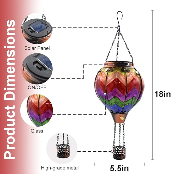 2PCS Solar Hot Air Balloon Lanterns with Flame with Shepherd's Hooks, Glass Hanging Flickering Lights Outdoor Waterproof for Garden Tree Yard Patio Mother's Day Gift, 18" H Wavy-Colorful