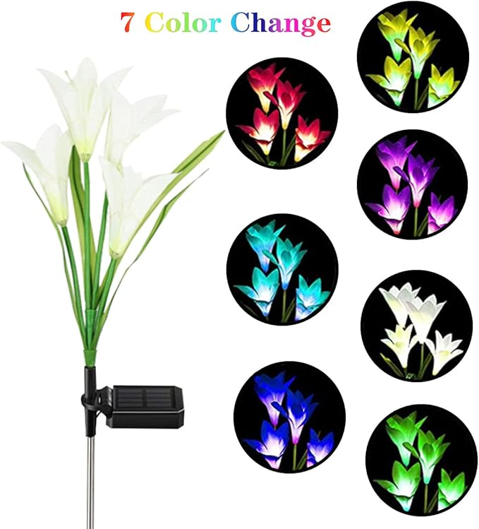 ZYLiWoo-Solar Flower Lights, 6 Pack Outdoor Lily Flower Lights, Multi Color Changing LED 24 Flowers Lily Flower Solar Garden Stakes Flower Lights, for Patio, Lawn, Garden, Yard Decoration