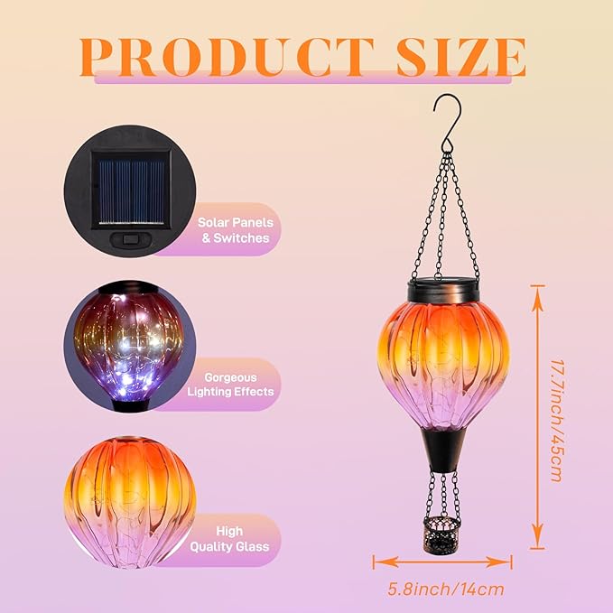 2PC Hot Air Balloon Solar Lantern Outdoor Waterproof, Gradient Orange Glass Balloon Lantern Lights, Hanging Solar Lights for Outside Patio Garden Tree Porch Yard Gift for Women Mom