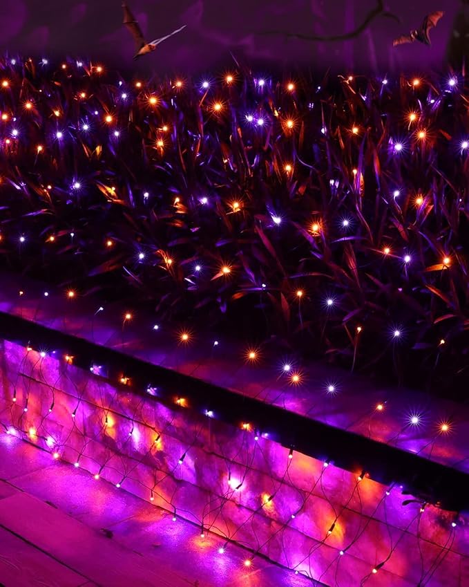 Joomer 12ft x 5ft 360LED Orange Purple Halloween Net Lights Outdoor Mesh lights, 8 Modes Timer Connectable Waterproof Bush Lights Mesh Netting Lights for Halloween Outdoor Decorations (Green Wire)