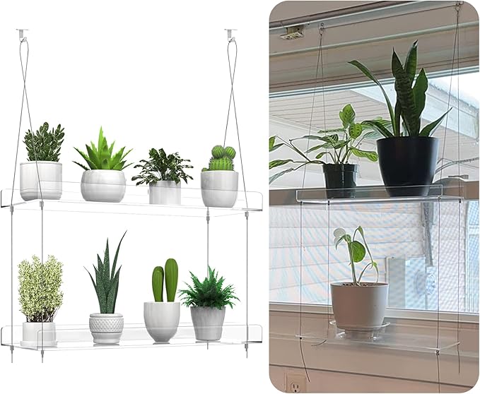 2-Tier Hanging Clear Plant Shelves for Windows, Acrylic Window Wall Plant Stand Shelf for Kitchen Indoor Gardens, Flower, Succulents, Herb, Seedling Organization, and Pots Display, 16 Inch per Tier