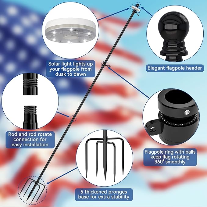 ZMTECH 10 FT Flag Pole in Ground with Solar Light, Heavy Duty Flag Pole Holder for Outside House with Solar Light and 5 Pronges Base, Flag Pole Kit for Outdoor Garden Decor(1 Pack,Without Flag)