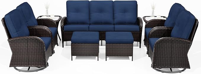 Joyside 9 Piece Patio Furniture Set, Outdoor Wicker Conversation Sets with Swivel Rocker Chairs and Sofa, Thick Cushion, Rattan Patio Sectional for Porch, Deck Use (Brown/Blue, 9 PCS)