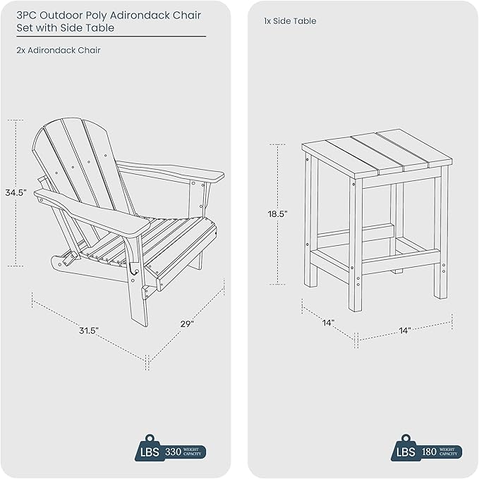 WO Home Furniture Adirondack Chair Table Set of 2 PCS Outdoor Folding Chair w Side Table Weather/UV Resistant for Lawn, Garden, Bon Fire, Balcony (Navy Blue)