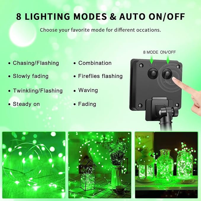 JMEXSUSS 2 Pack Green Solar Fairy Lights, Each 33ft 100 LED Green Solar Lights Outdoor, Waterproof St Patricks Day String Lights for Outside Patio Garden Party Tree Decorations