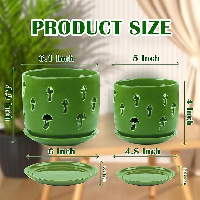 KERUITA Orchid Pots with Holes, 6 inch + 5 inch Orchid Planters with Dancing Mushroom Shaped Holes, Enhanced Drainage and Ventilation,Green Flower Pots for Indoor/Outdoor Plants for Repotting