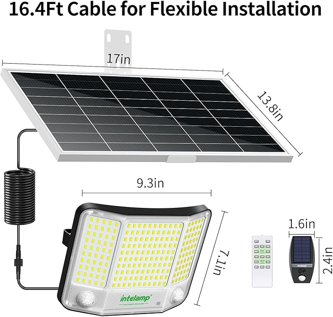 intelamp Solar Flood Lights Outdoor Waterproof, 20000mAh 4000LM Linkable Dual Motion Sensor Security Floodlight Exterior with Remote 16.4 FT Cable, 2-12H Dusk to Dawn Spots Lighting Outside