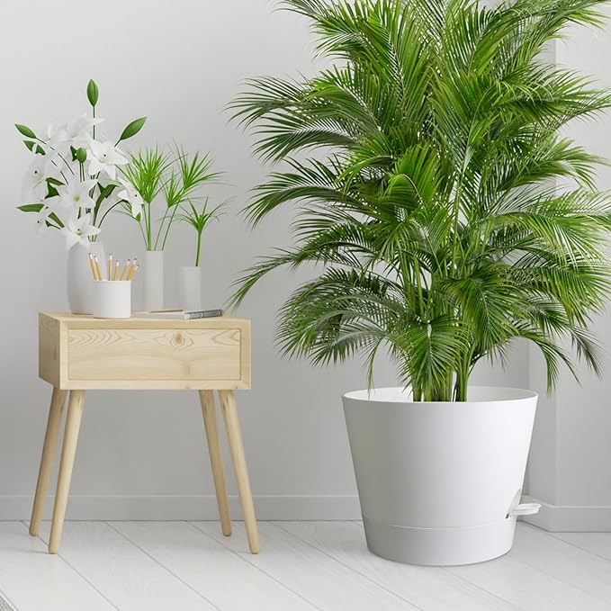 12 inch Large Self Watering Pots for Indoor Outdoor Plants, Flower Plant Pots with Mesh Drainage Holes for Garden House, Plastic Planters with Reservoir for Home, White