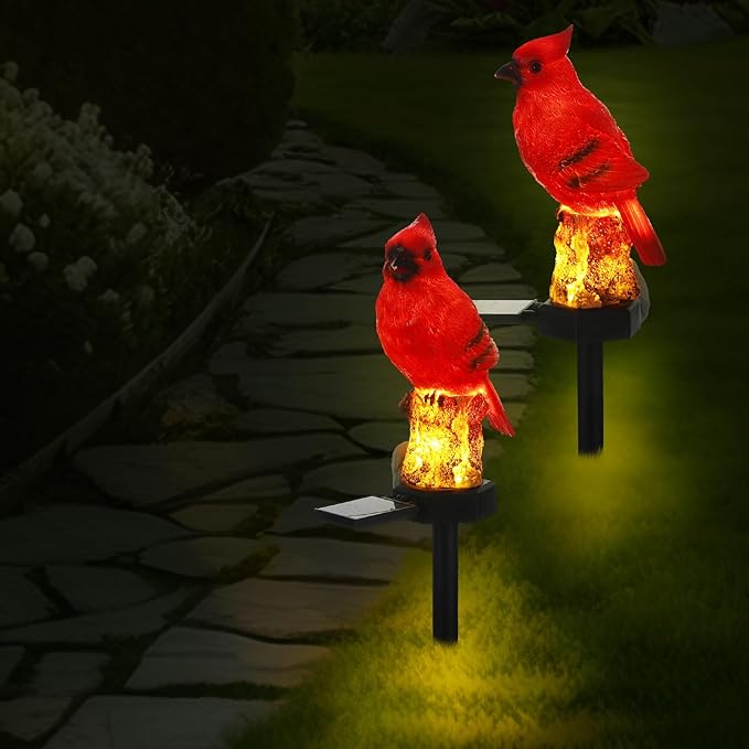 2 Pack Cardinal Solar Lights Cardinal Outdoor Decor Red Bird Solar Light Bird Figurine Garden Stake for Pathway Garden Lawn Yard Cemetery Decoration
