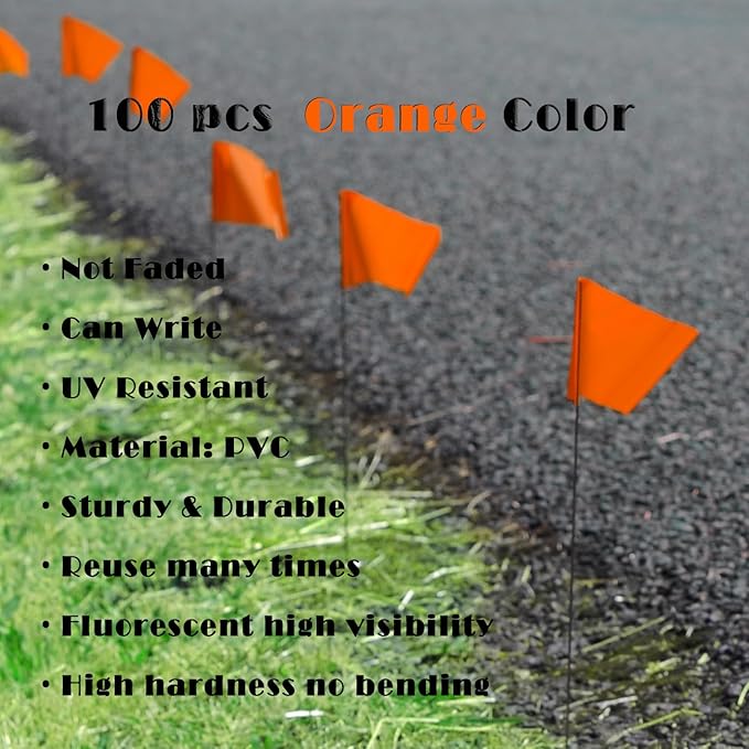 Zozen 100Pack Fluorescent Orange Marking Flags, Writable | Marker Flags - 15x4x5 Inch, Lawn Flags, Landscape Flags, Marker Flags for Lawn, Survey Flags, Irrigation Flags, Sprinkler Flags, Survey Flags.