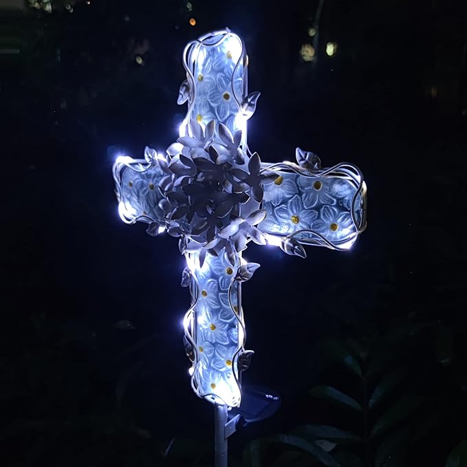 38Inch Solar Cross Garden Lights Outdoor Decorative - Solar Metal&Glass Cross White Hydrangea Flower Stake Lights- Waterproof 20 Warm White LED for Remembrance Gifts & Sympathy Gifts.