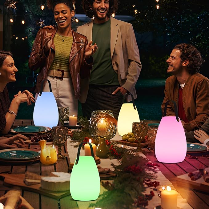uuffoo Portable Outdoor Table Lamp, Dimmable Cordless Lamp with Remote and 7 RGB Colors IP44 Waterproof Hanging Lamp Indoor/Outdoor Night Lamp Lantern for Bedroom Garden Dining Camping