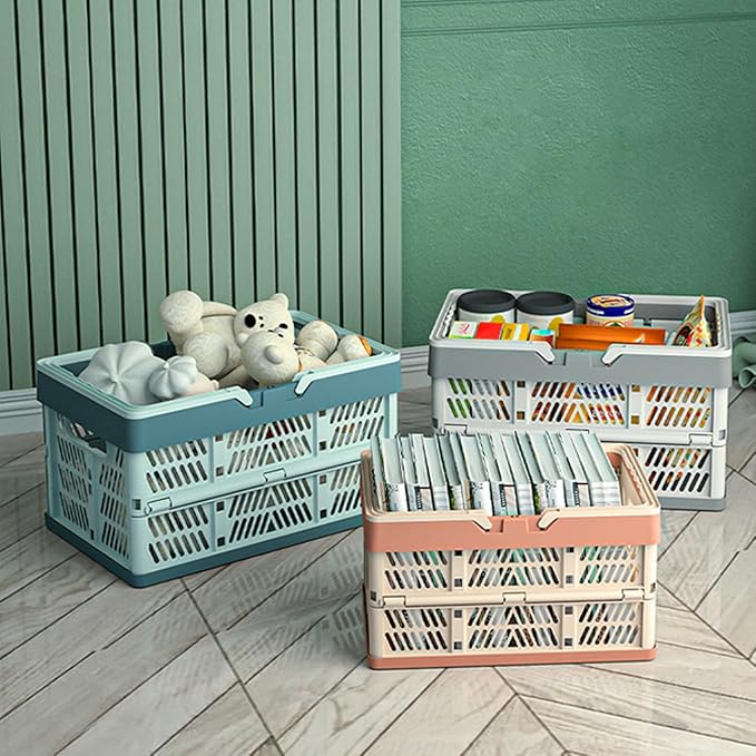 20L Plastic Collapsible Storage Crate - Foldable Handle Crate Storage Basket Bin - White & Gray M