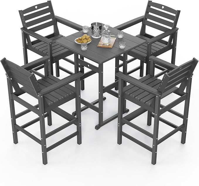 5-Piece Bar Height Outdoor Table and Chairs Set, HDPE Wood Grain Patio Bar Table and Chairs with Heart Cutout Design, Weather-Resistant Bar Height Furniture for Deck, Porch, Pool (Grey)