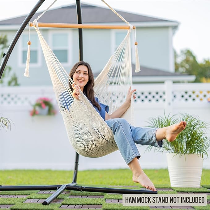 JoyView Hammock Chair with Spreader Bar Caribbean Hammock Swing Chair 300 LBS Weight Capacity XL Rope Hanging Chair for Outdoor Indoor Garden Yard - Light Blue