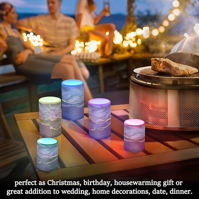 Flickering Flameless Candles, Purple Marble with Golden Veins LED Candles with Remote Timer, Set of 2 Battery Operated Candle for Valentine Wedding Birthday