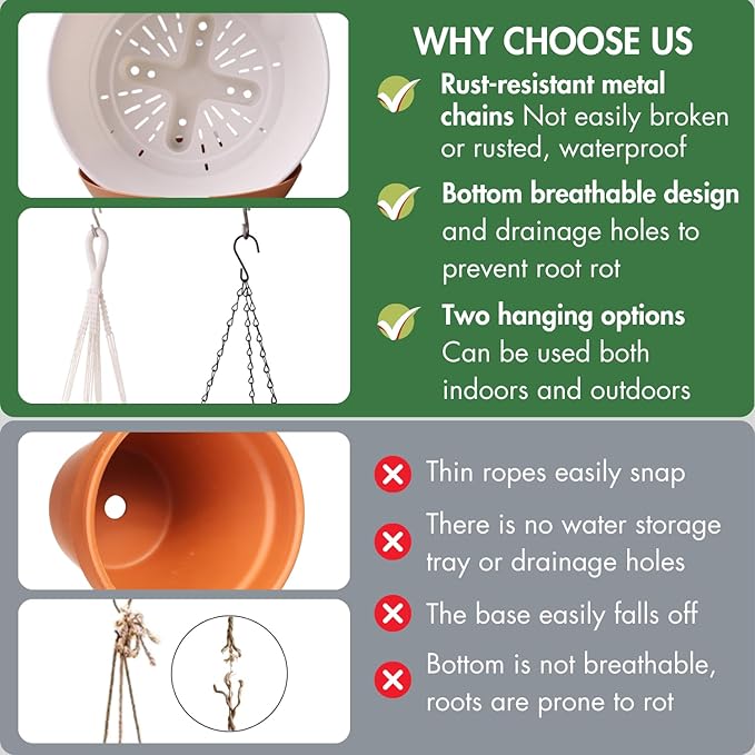 10 Inch Hanging Planters for Indoor Plants,Set of 2 Hanging Pots for Plants with Self-Watering, Outdoor Hanging Plant Pot with Drainage and 2 Kinds of Hanging Baskets Hangers for Home Decor and Garden
