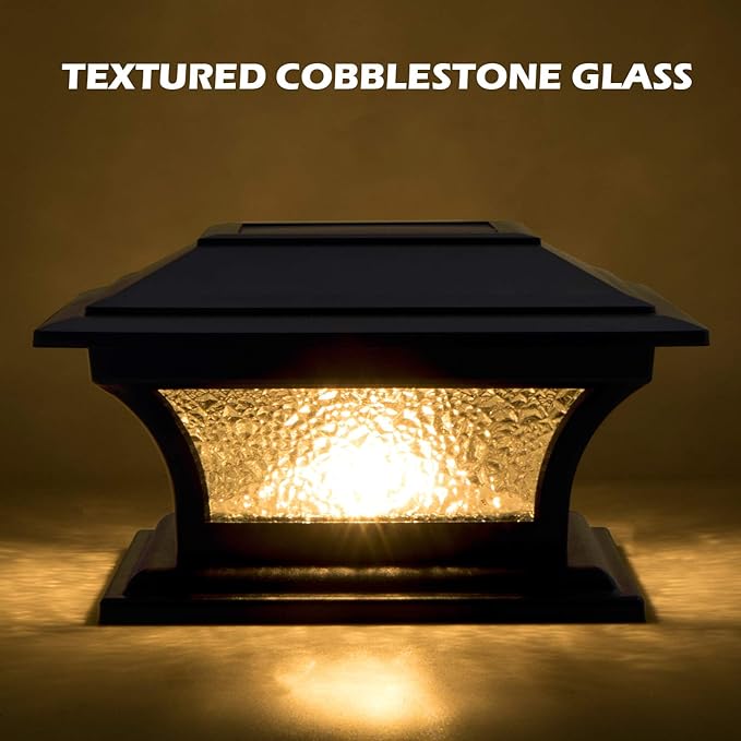 SIEDiNLAR Solar Post Lights Outdoor Glass LED Fence Cap Light 2 Modes for 4x4 5x5 6x6 Posts Deck Patio Garden Decoration Warm White/Cool White Lighting Black (4 Pack)