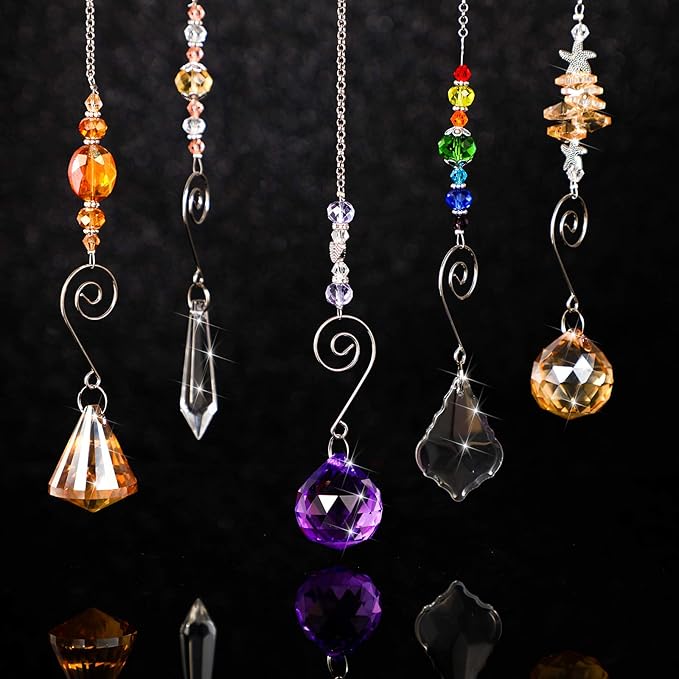 Hicarer 9 Pcs Crystal Suncatchers Hanging Catchers with Chain Colorful Glass Pendant Beads Chandelier Prism Ornament for Window Home Wall Tree Cars Decor Wedding Birthday Anniversary Party Gifts