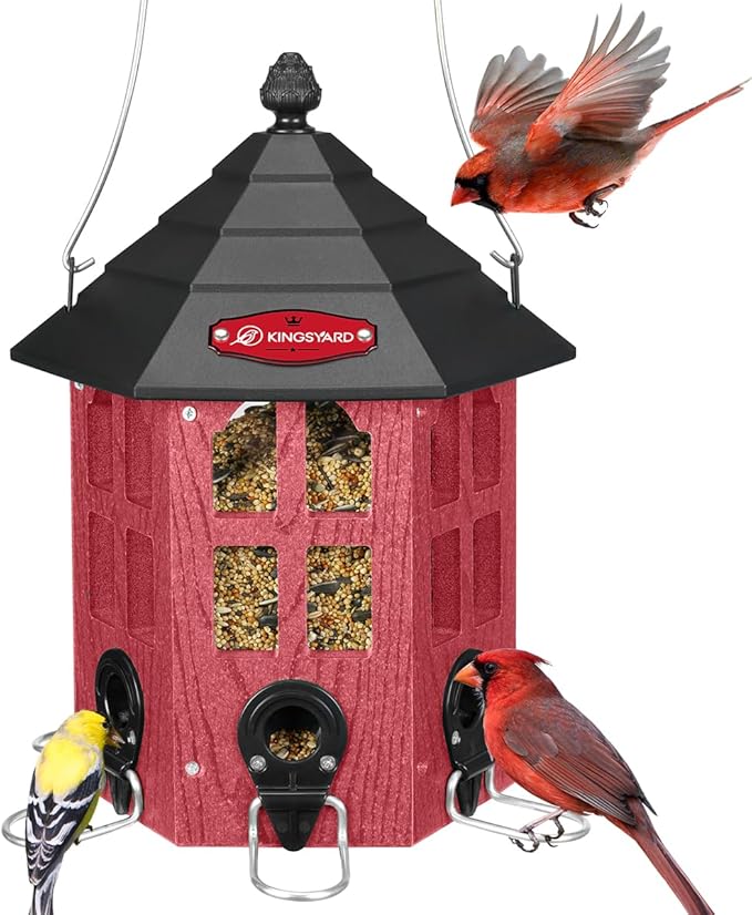 Kingsyard Wild Bird Feeder for Outdoor Hanging, Recycled Plastic Bird Feeders with 6 Ports & U-Shape Perch, Garden Yard Outside Decoration, 3.5 lbs Seed Capacity, Red
