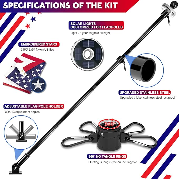 ZMTECH 6FT Flag Pole Kit with Solar Light and Proud American Flag, Adjustable Bracket and Upgraded Tangle-Free Ring 1" Stainless Steel Flagpole for Day and Night, Residential, Commercial, Black