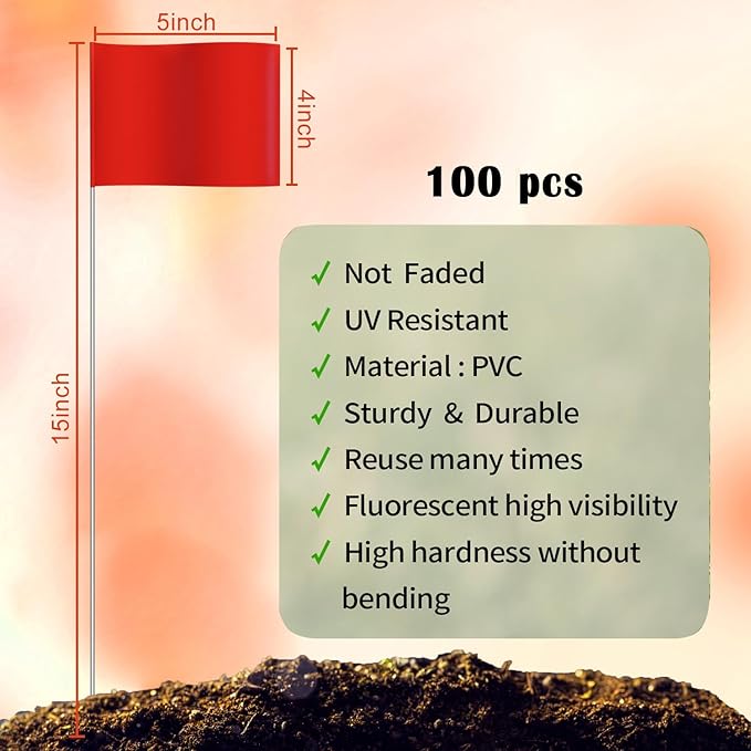 Zozen 100Pack Red Marking Flags, Writable/15x4x5 Inch, Yard Flags for Lawn & Irrigation & Landscape & Sprinkler & Survey & Dog Training.