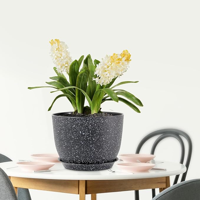 12 inch Big Plant Pots, Plastic Planters with Drainage Holes and Trays, Large Flower Pots for Indoor Outdoor Plants, Modern Decorative Pots for Garden House Plants, Speckled Black