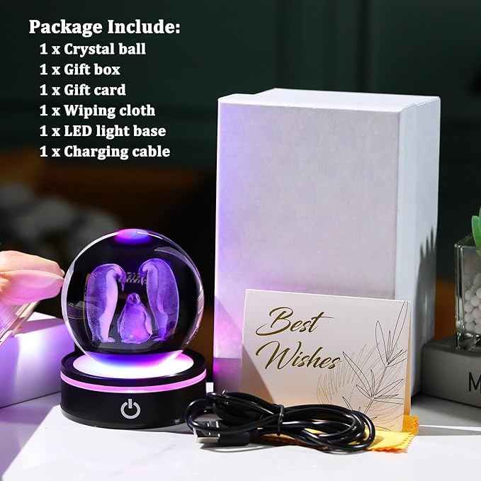 YWHL 3D Crystal Ball Penguin Figurine with LED Base Laser Penguins Gifts for Women Men on Christmas Birthday Decorative Penguin Statue Ball Glass Animals Globe Night Light for Home Decor (80mm)