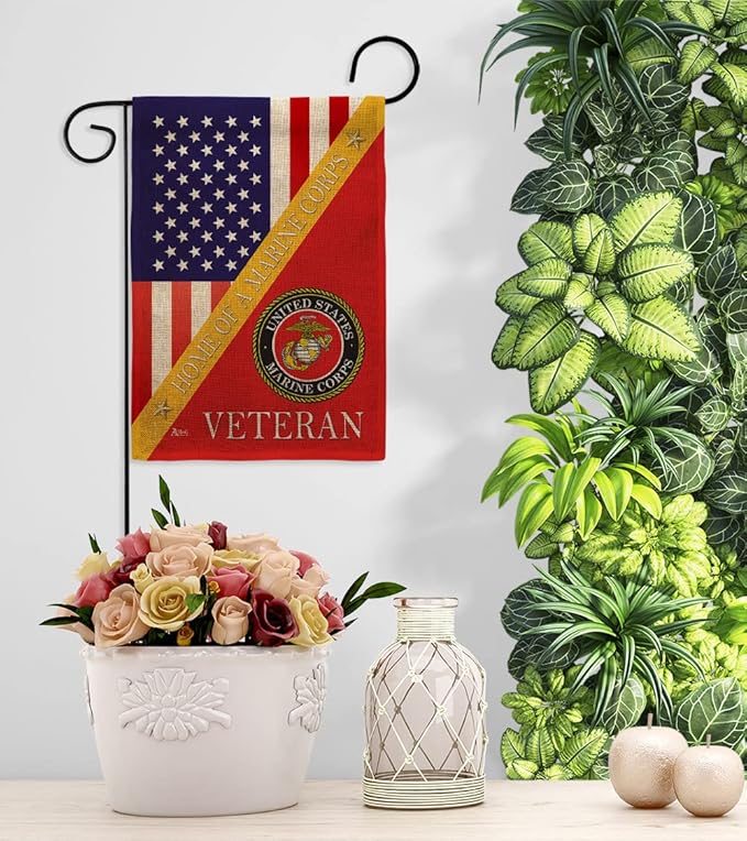 Home of Marine Corps Burlap Garden Flag - Set with Stand Armed Forces USMC Semper Fi United State American Military Veteran Retire Official House Banner Cemetery Yard Rememberance Veterans Day Gifts