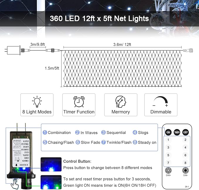 JMEXSUSS 360 LED Net Christmas Lights Outdoor Waterproof, Connectable 12ft x 5ft, 8 Modes with Remote