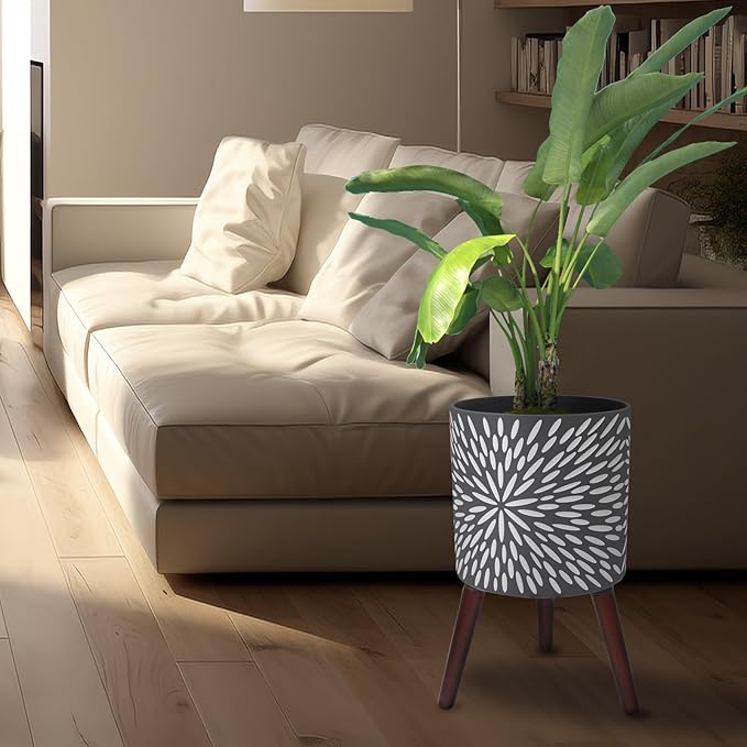 10 Inches Plant Pot with Stand, Large Modern Standing Planters for Indoor Plants with Drainage Holes, Gray Flower Pots with Legs