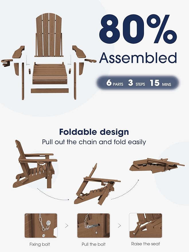 KINGYES Folding Adirondack Chair with Dual Cup Holders - HDPE All-Weather Outdoor Chairs, Brown
