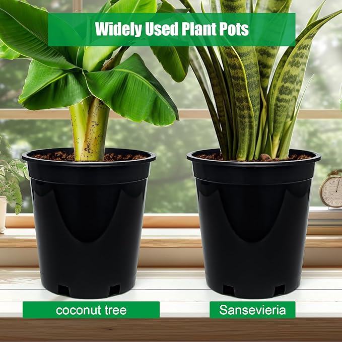 1.5 Gallon Plastic Nursery Pots, 7.5 Inch Round Plant Pots with Drainage Holes, 15 Pack Flower Pots for Outdoor Indoor Plants, Flowers, Black