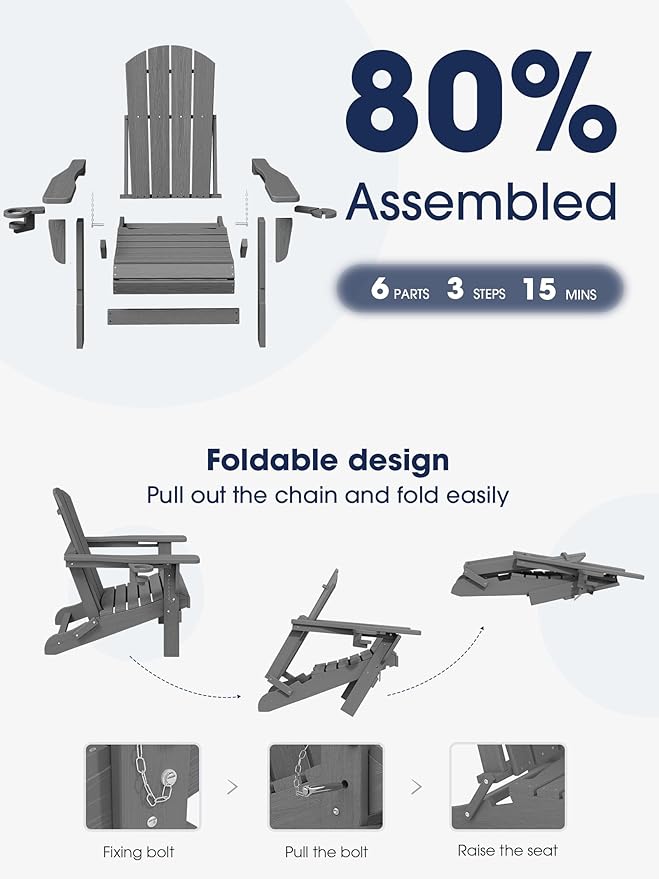 KINGYES Folding Adirondack Chair Set of 6, Dual Cup Holders & All-Weather HDPE, Wood-Like Patio Chair for Backyard, Camping, Pool & Fire Pit, Grey