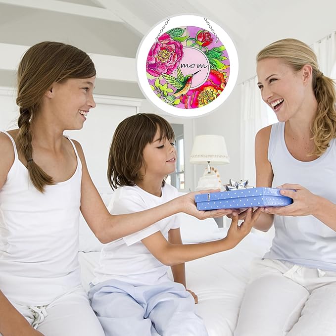 Hummingbird Gifts for Mom, Stained Glass Bird Window Hangings, Sun Catcher Ornament Hanging for Windows, Hummingbird Suncatcher for Women, Mother's Day Birthday Christmas (Suction Cup, 6in)