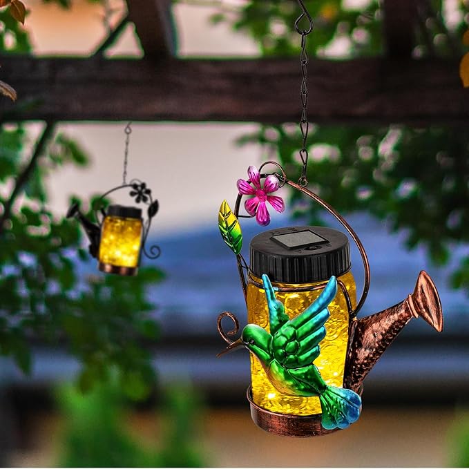 2 Pack Solar Lanterns Outdoor Waterproof Kettle Hanging Solar Lantern, Watering Jar Outdoor Solar Lanterns with Hummingbird Decor for Yard Garden Tree