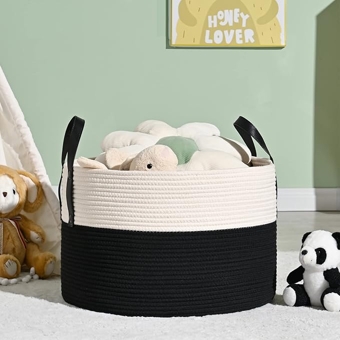 KAKAMAY Large Blanket Basket (20"x13"),Woven Baskets for storage Baby Laundry Hamper, Cotton Rope Blanket Basket for Living Room, Laundry, Nursery, Pillows, Baby Toy chest (White/Black)